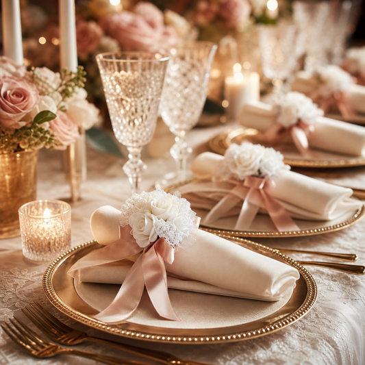 Petites roses à ruban nouées sur les serviettes d'une table de mariage