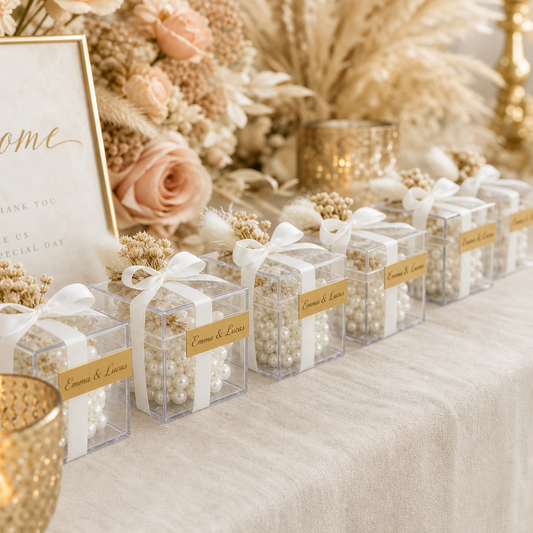 Boîtes à perles personnalisées aux prénoms sur une table d'accueil de mariage