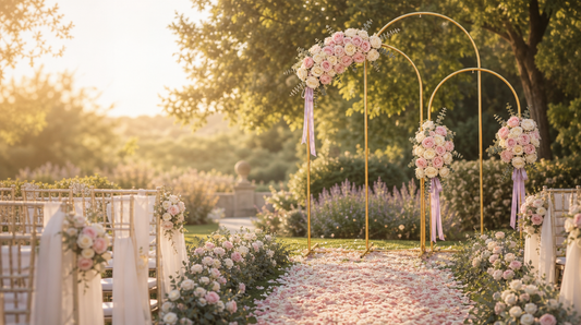 Arche de cérémonie dorée dans un jardin au coucher du soleil