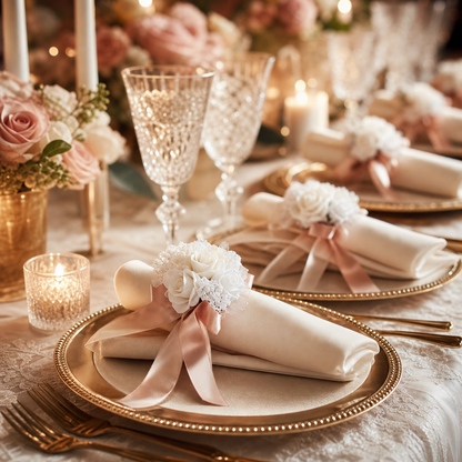 Petites roses à ruban nouées sur les serviettes d'une table de mariage