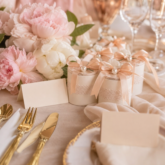 Boîtes à dragées dentelle et ruban sur une table de mariage