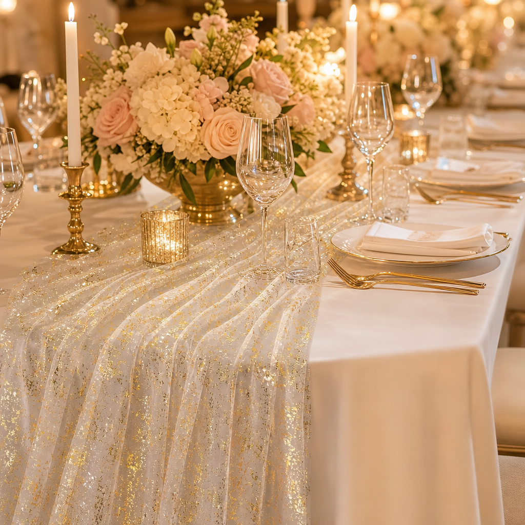 Chemin de table doré pailleté sur une table de réception de mariage