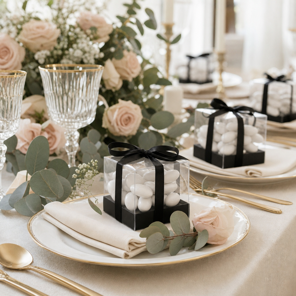 Boîtes cadeaux invités transparentes posées sur les assiettes d'une table de mariage