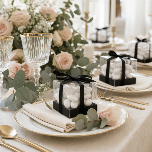 Boîtes cadeaux invités transparentes posées sur les assiettes d'une table de mariage
