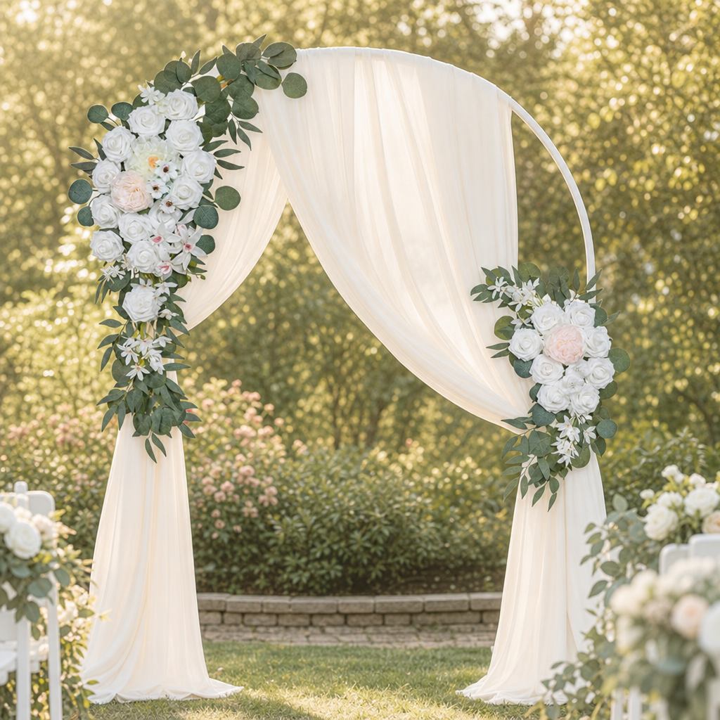 Compositions florales Momentia installées sur une arche de cérémonie
