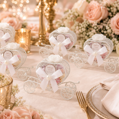Mini chariots cœur Sweet Love remplis de dragées sur une table de mariage