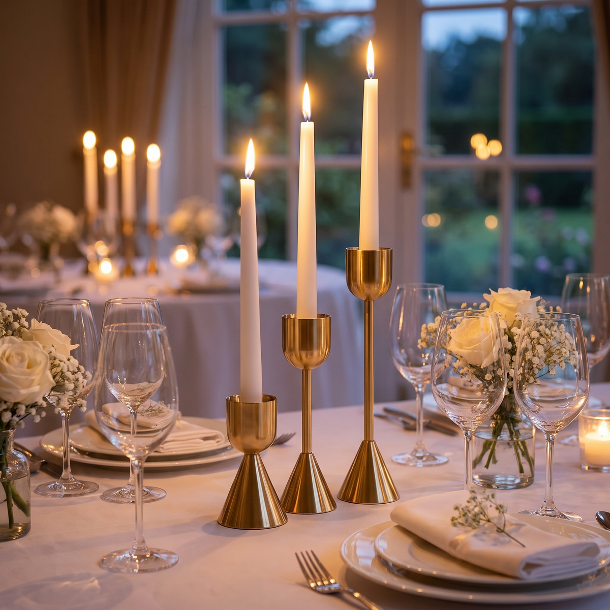 Chandeliers dorés géométriques aux bougies sur une table de mariage (photo d'ambiance)
