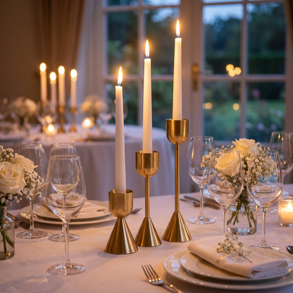 Chandeliers dorés géométriques aux bougies sur une table de mariage (photo d'ambiance)