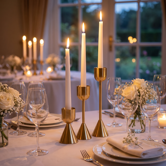 Chandeliers dorés géométriques aux bougies sur une table de mariage (photo d'ambiance)