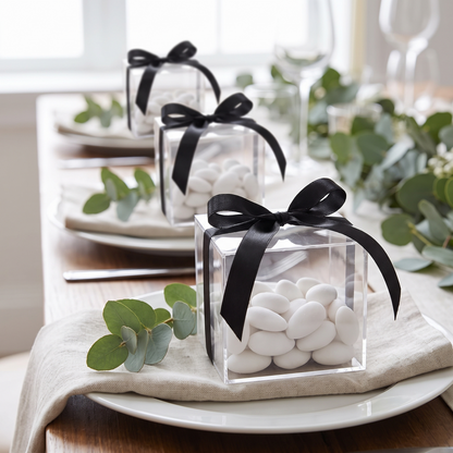 Boîtes cadeaux invités transparentes garnies de dragées sur les assiettes (photo d'ambiance)