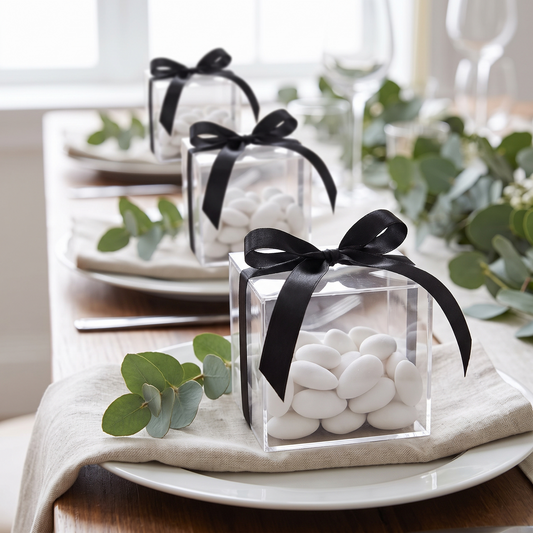Boîtes cadeaux invités transparentes garnies de dragées sur les assiettes (photo d'ambiance)