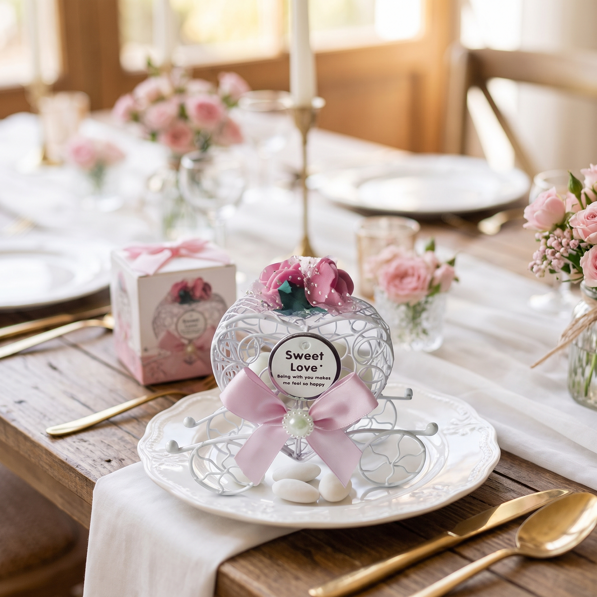 Mini chariot cœur Sweet Love garni de dragées sur une table de mariage (photo d'ambiance)