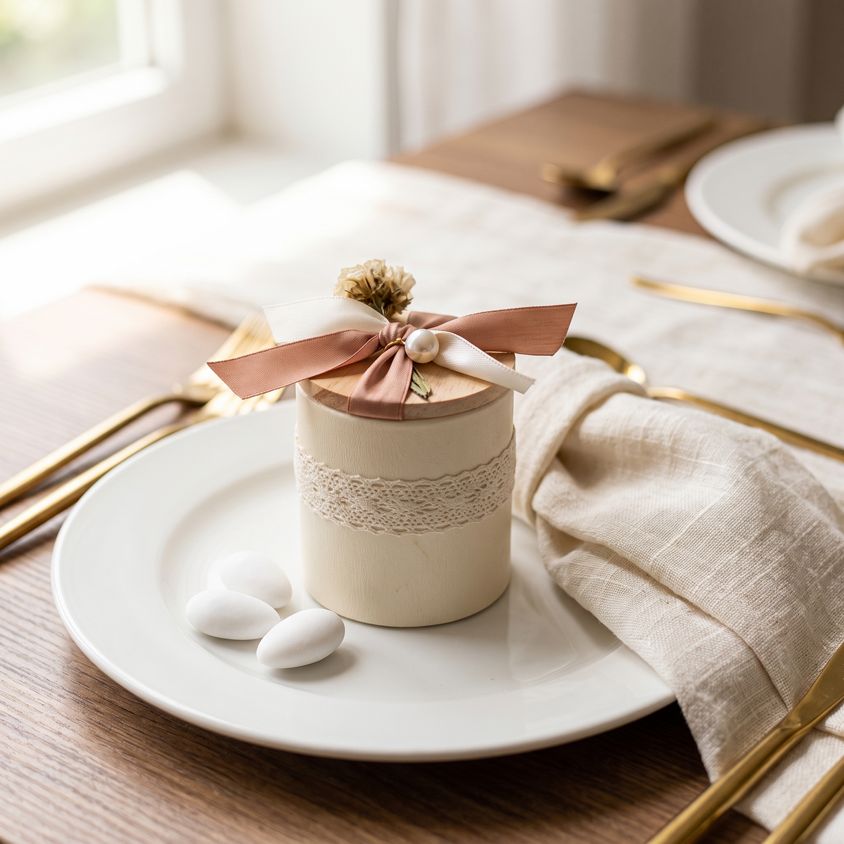 Boîte à dragées dentelle et ruban sur une assiette de mariage (photo d'ambiance)