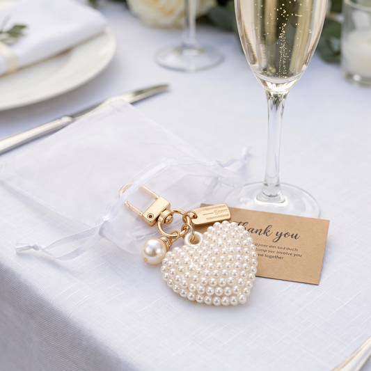 Porte-clés cœur perlé Thank You dans sa pochette sur une table de mariage (photo d'ambiance)
