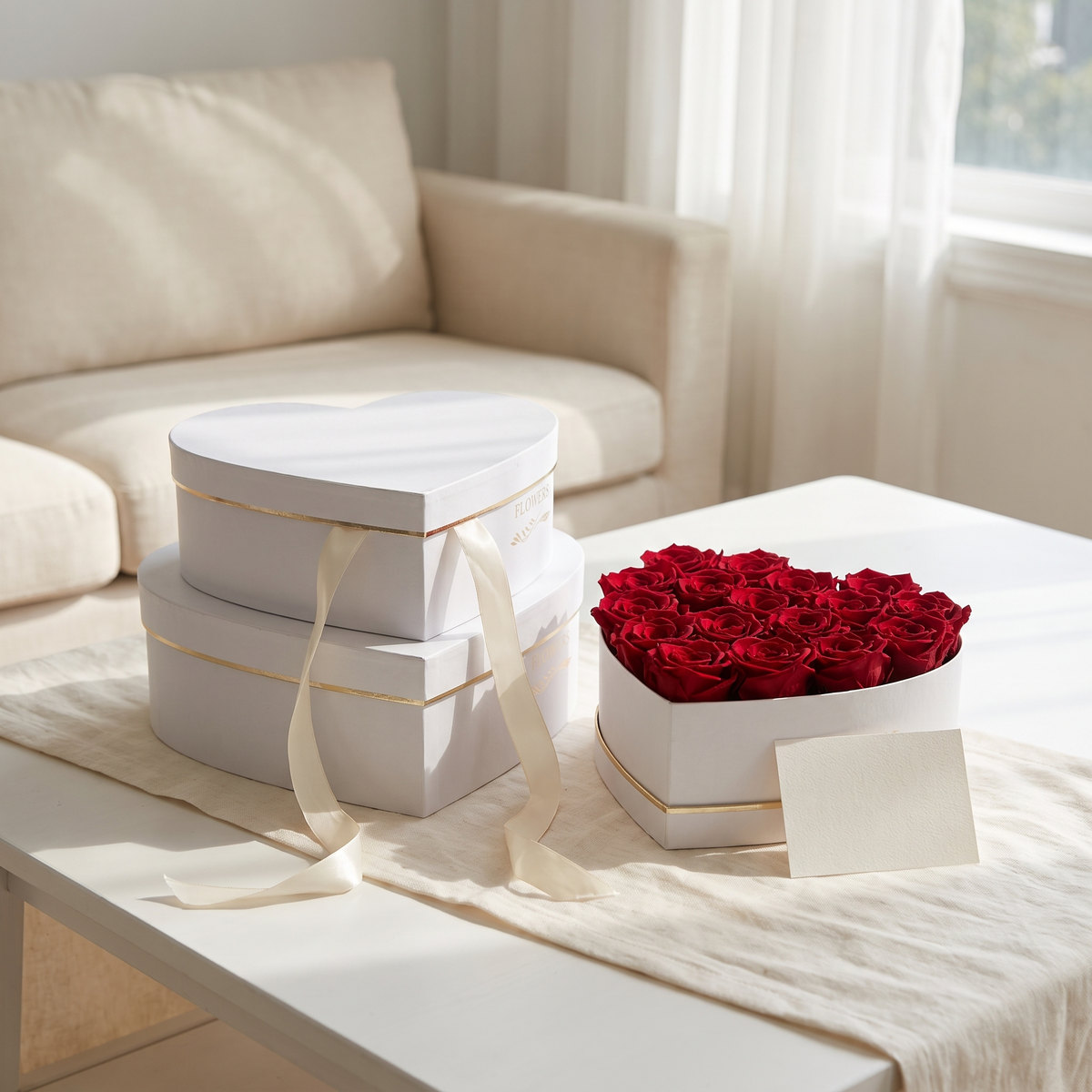 Boîtes cœur blanches garnies de roses offertes aux mamans (photo d'ambiance)