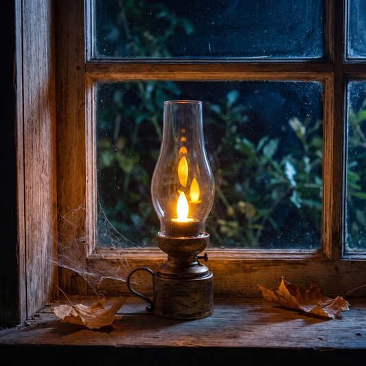 Lanterne vintage LED allumée sur un rebord de fenêtre la nuit (photo d'ambiance)