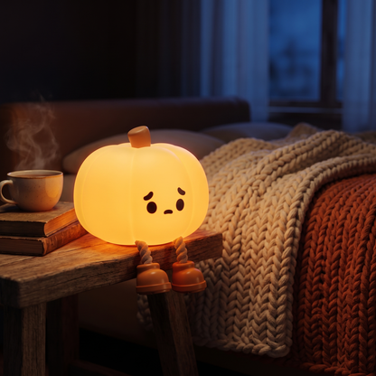 Veilleuse citrouille lumineuse sur une table de chevet le soir (photo d'ambiance)