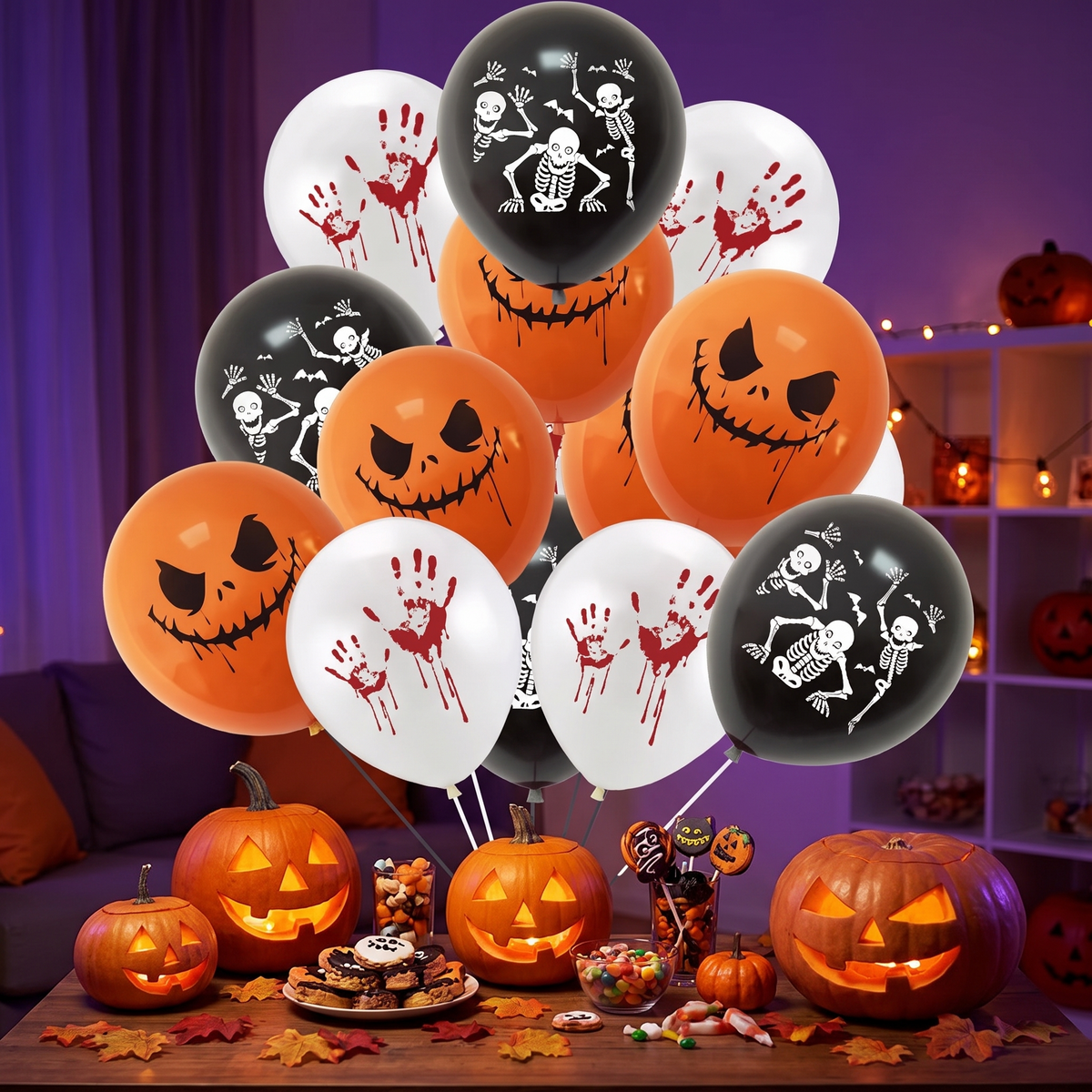 Ballons Halloween crânes et mains au-dessus d'un buffet de fête (photo d'ambiance)