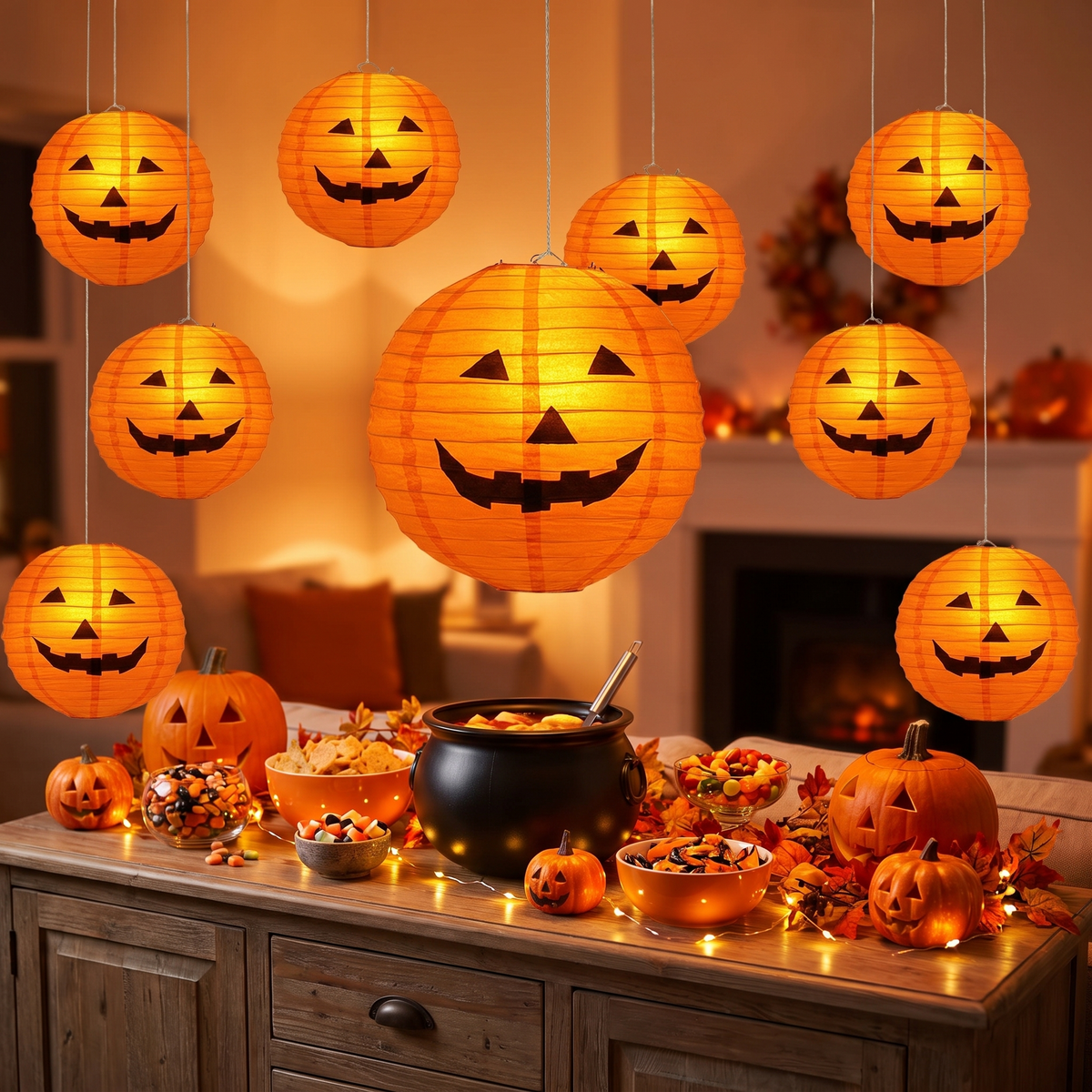 Lanternes citrouille en papier suspendues au-dessus d'un buffet d'Halloween (photo d'ambiance)