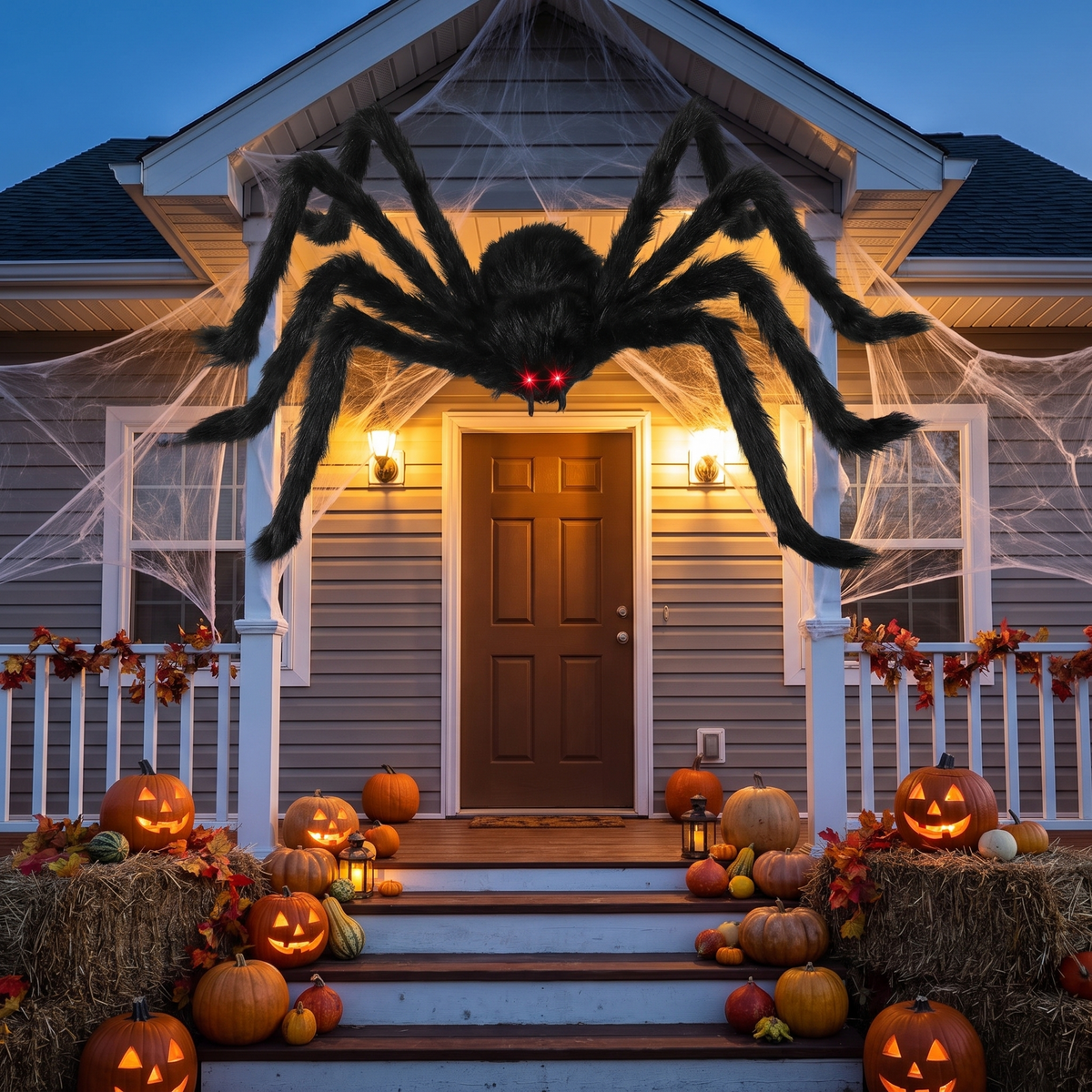 Araignée géante en peluche au-dessus d'une porte d'entrée décorée pour Halloween (photo d'ambiance)